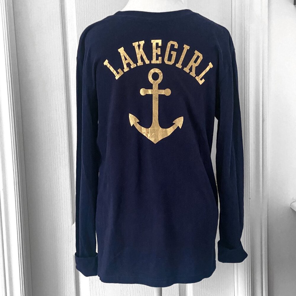 Lake Girl - Navy Anchor Long Sleeve Tee Large - Nautical Graphic Pocket Shirt